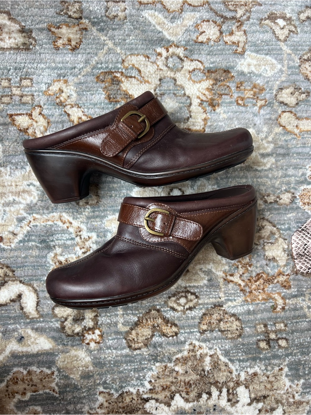 Clarks Dark Brown Leather Buckle Mules